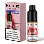 Packaging and bottle of Blackcurrant Apple MARYLIQ Nic Salt E-Liquid, indicating a 50/50 VG/PG ratio, TPD compliance, and nicotine content.